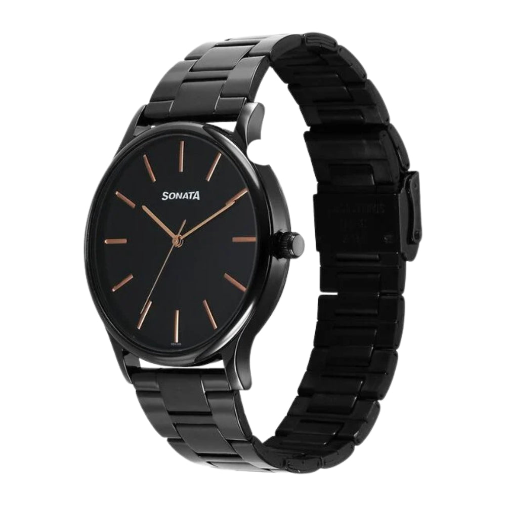 Sonata Aspire Quartz Analog Black Dial Stainless Steel Strap Watch For Men 77105NM11W