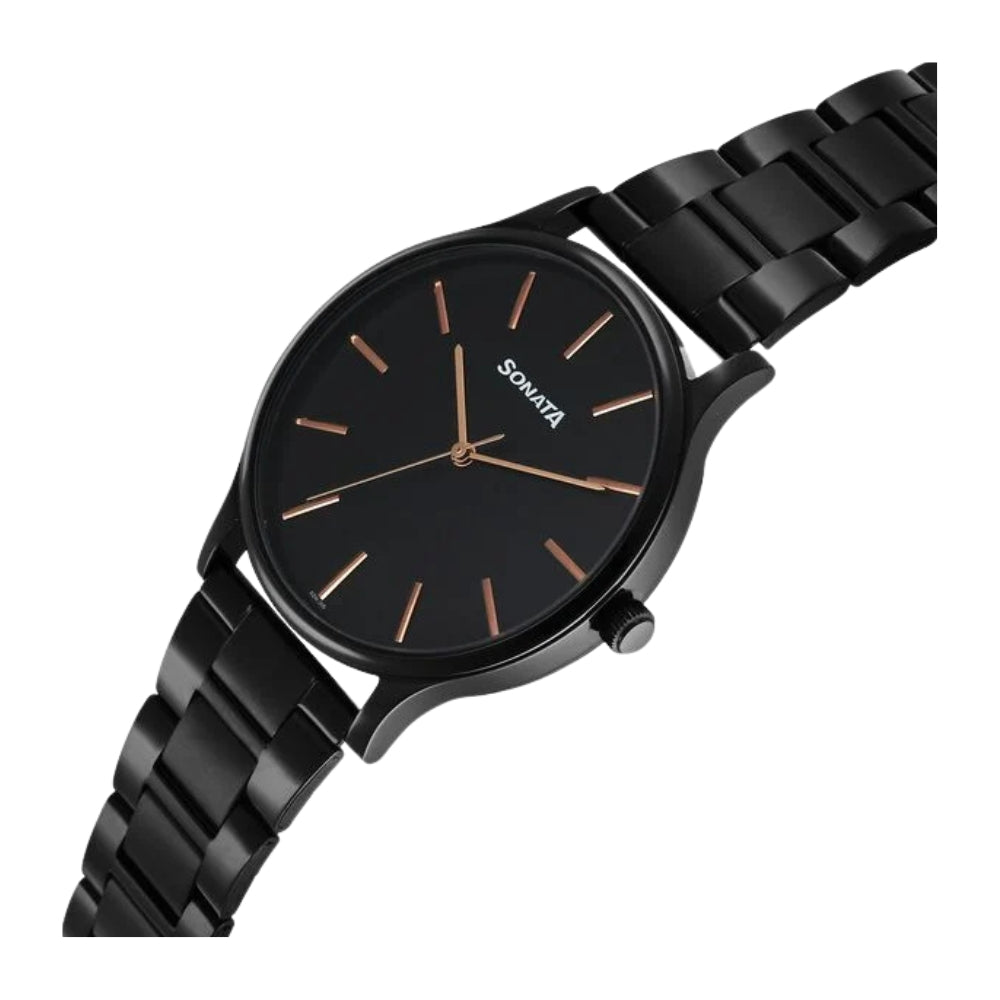 Sonata Aspire Quartz Analog Black Dial Stainless Steel Strap Watch For Men 77105NM11W