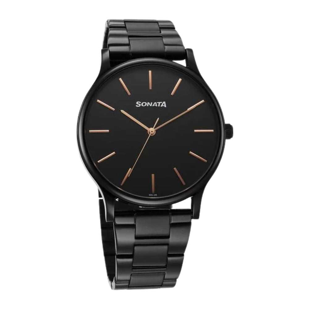 Sonata Aspire Quartz Analog Black Dial Stainless Steel Strap Watch For Men 77105NM11W
