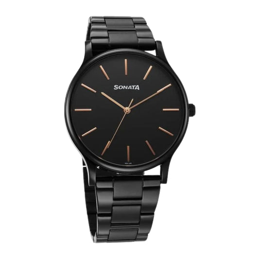 Sonata Aspire Quartz Analog Black Dial Stainless Steel Strap Watch For Men 77105NM11W