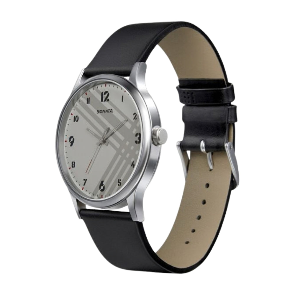 Sonata Smart Plaid Quartz Analog White Dial Leather Strap Watch for Men 77105SL01W