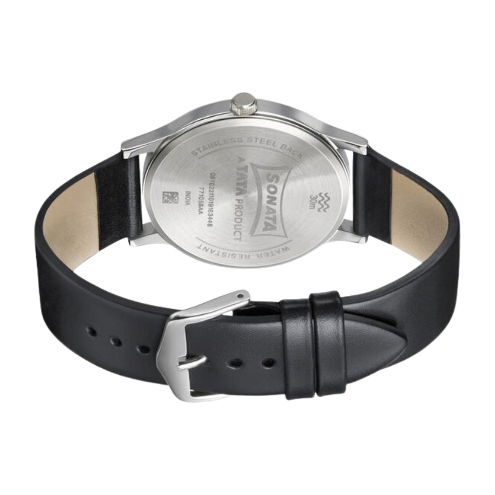 Sonata Smart Plaid Quartz Analog White Dial Leather Strap Watch for Men 77105SL01W