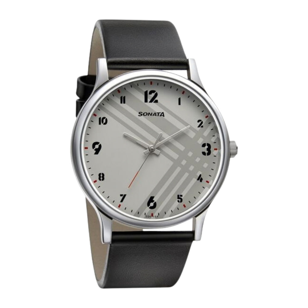 Sonata Smart Plaid Quartz Analog White Dial Leather Strap Watch for Men 77105SL01W
