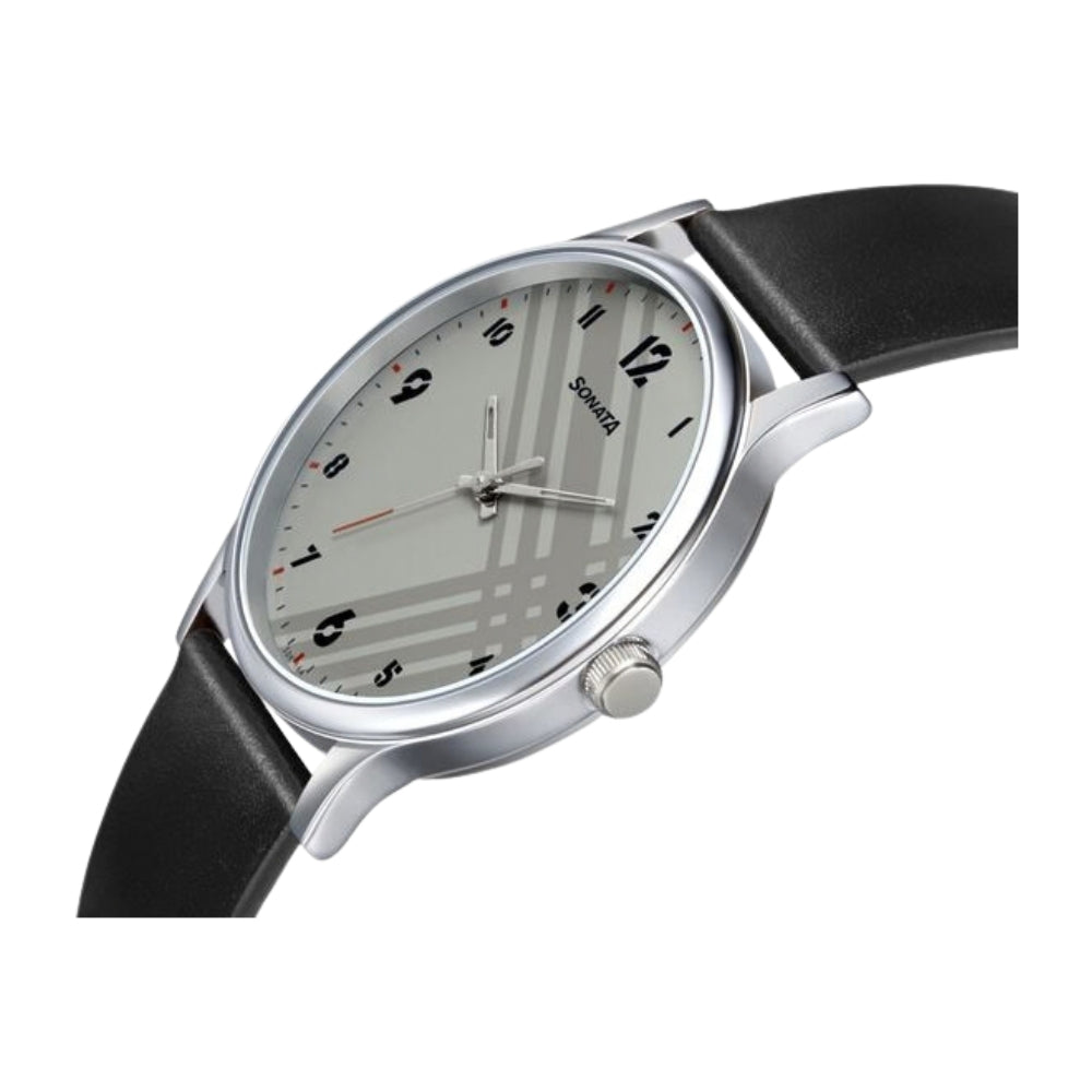 Sonata Smart Plaid Quartz Analog White Dial Leather Strap Watch for Men 77105SL01W