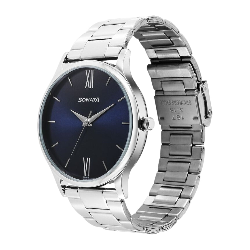 Sonata Aspire Quartz Analog Blue Dial Stainless Steel Strap Watch for Men 77105SM08W
