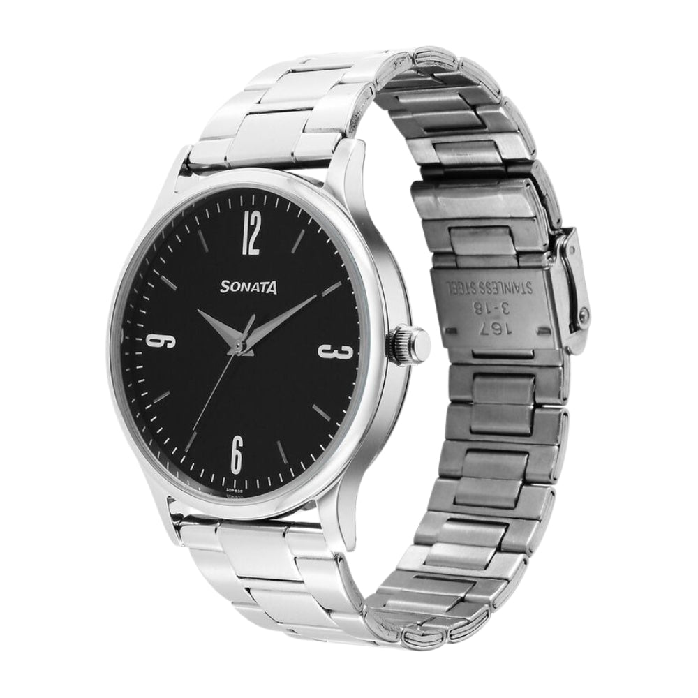 Sonata Aspire Quartz Analog Black Dial Stainless Steel Strap Watch for Men 77105SM09W