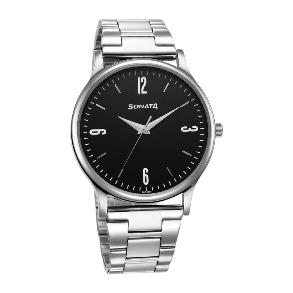 Sonata Aspire Quartz Analog Black Dial Stainless Steel Strap Watch for Men 77105SM09W