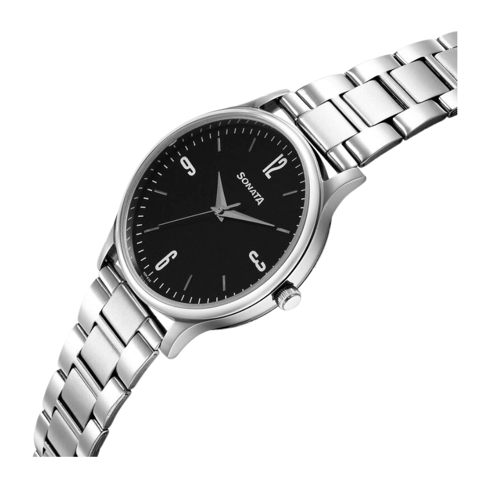 Sonata Aspire Quartz Analog Black Dial Stainless Steel Strap Watch for Men 77105SM09W