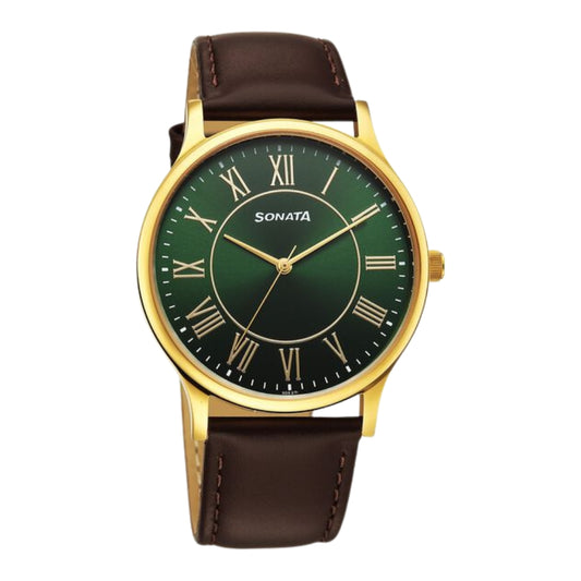 Sonata Traditional Essentials Quartz Analog Green Dial Brown Leather Strap Watch For Men 77105YL04W