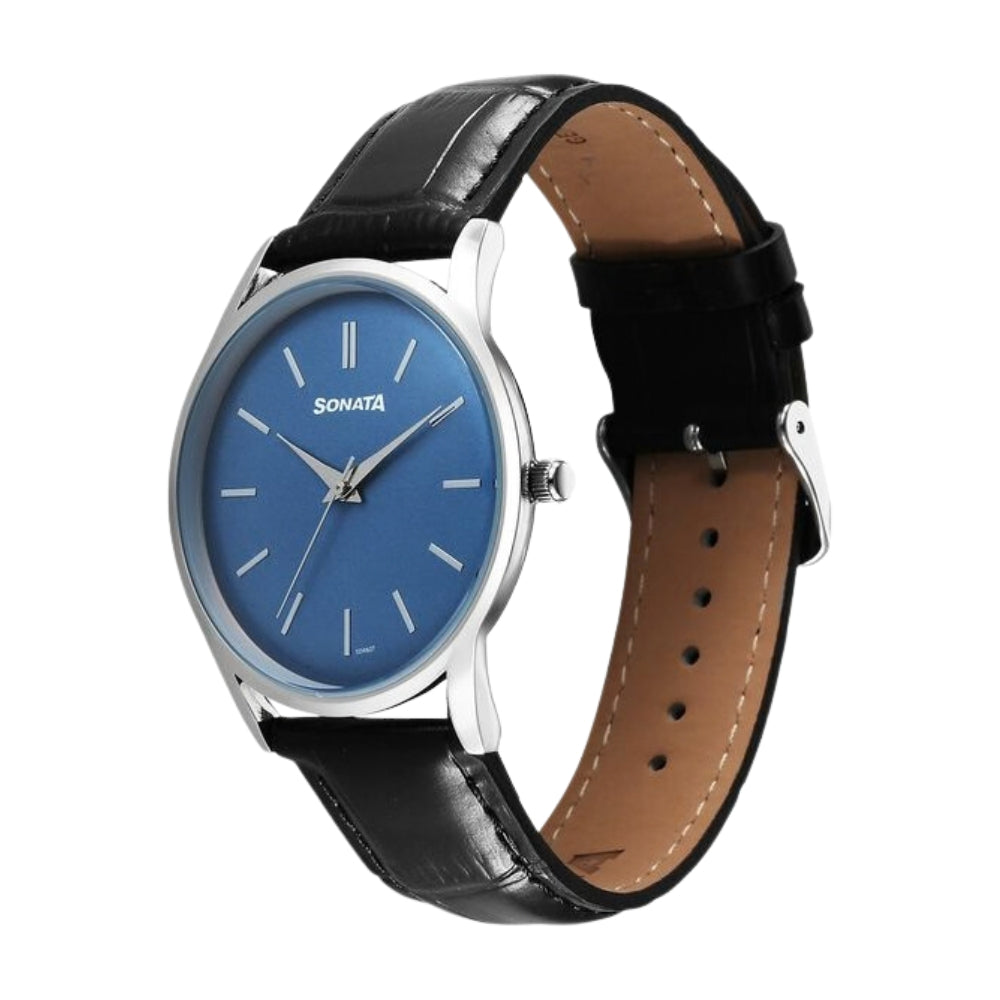 Sonata Eternia Quartz Analog Blue Dial Leather Strap Watch For Men 77140SL03
