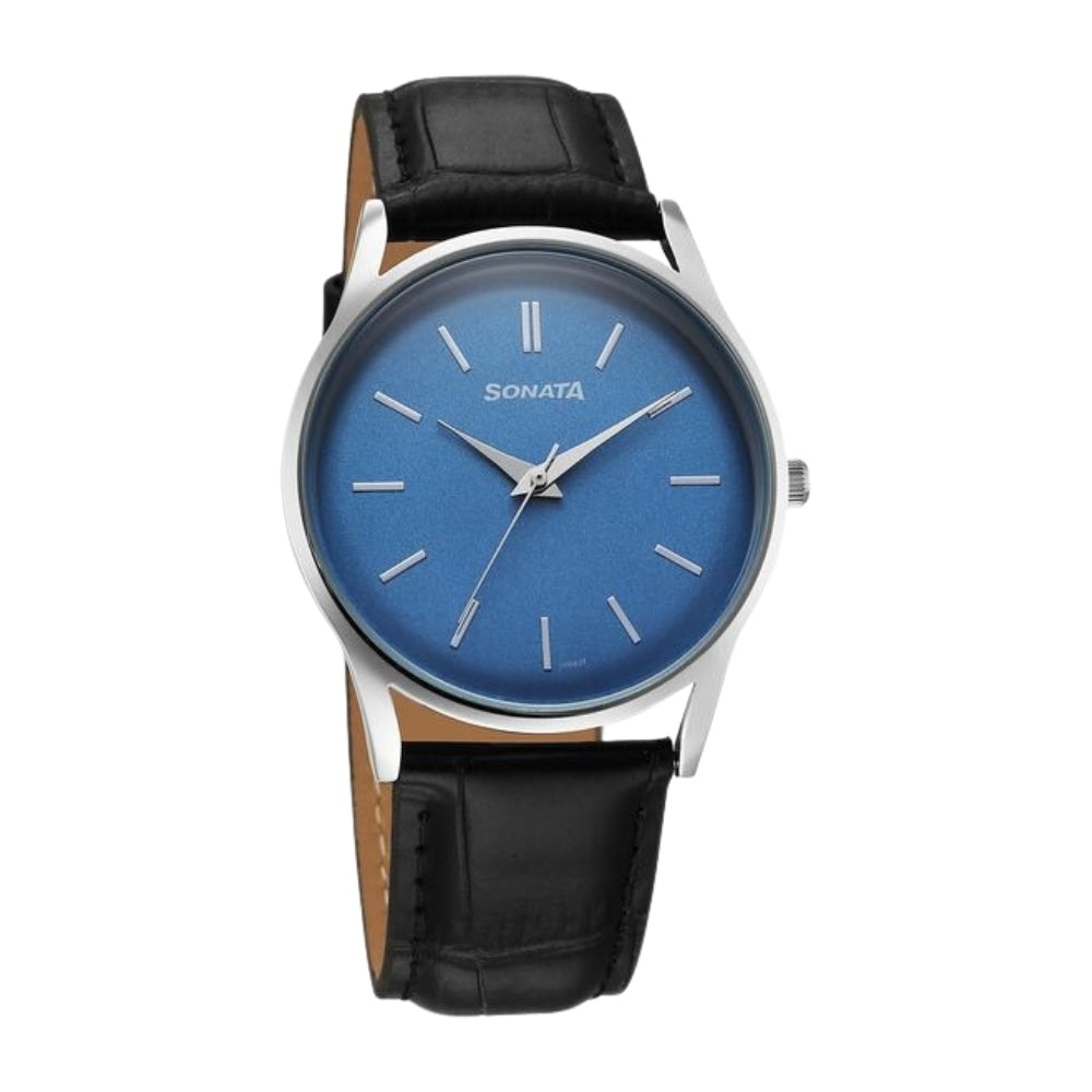 Sonata Eternia Quartz Analog Blue Dial Leather Strap Watch For Men 77140SL03