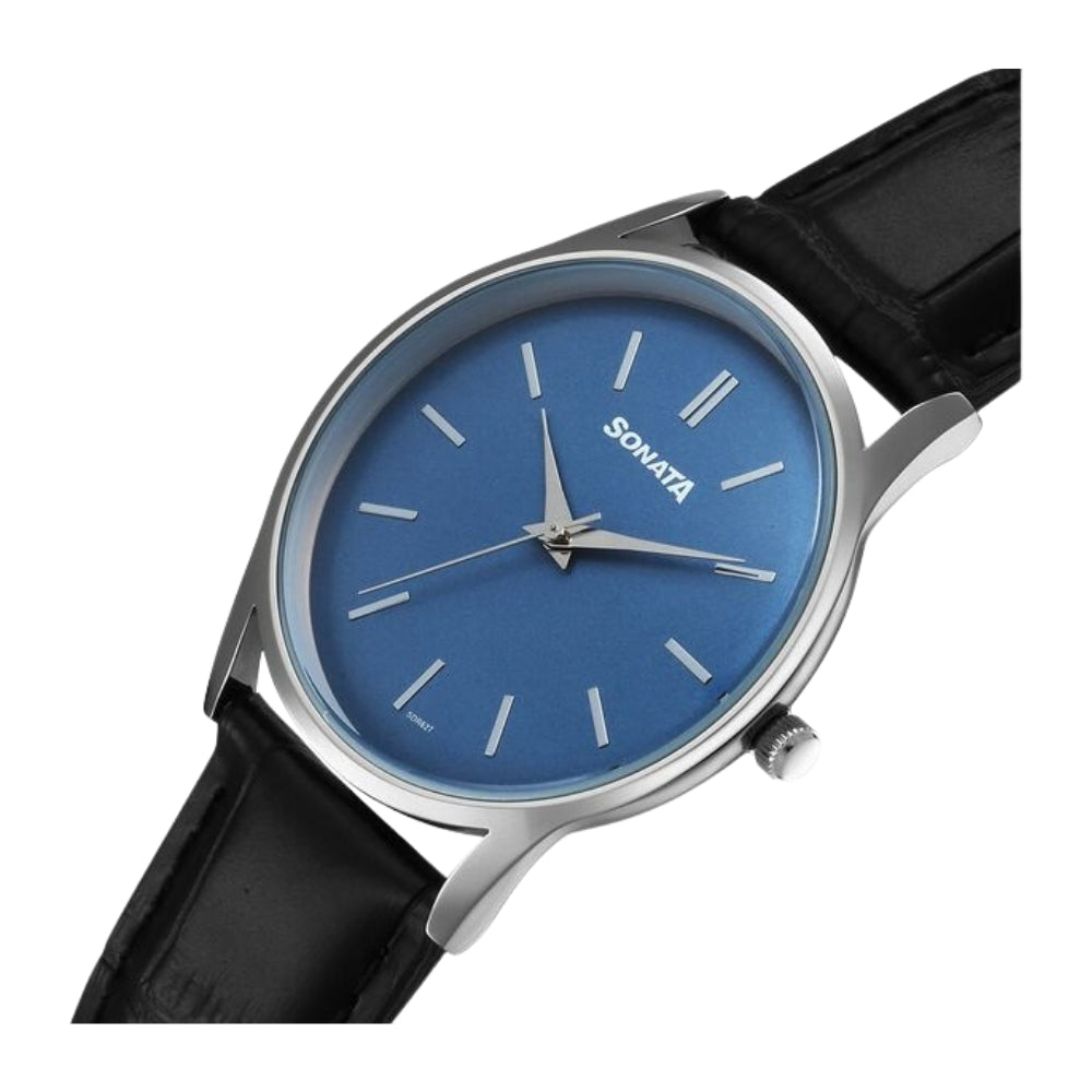 Sonata Eternia Quartz Analog Blue Dial Leather Strap Watch For Men 77140SL03