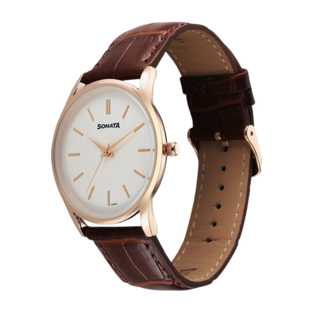 Sonata Eternia Quartz Analog White Dial Leather Strap Watch For Men 77140WL01