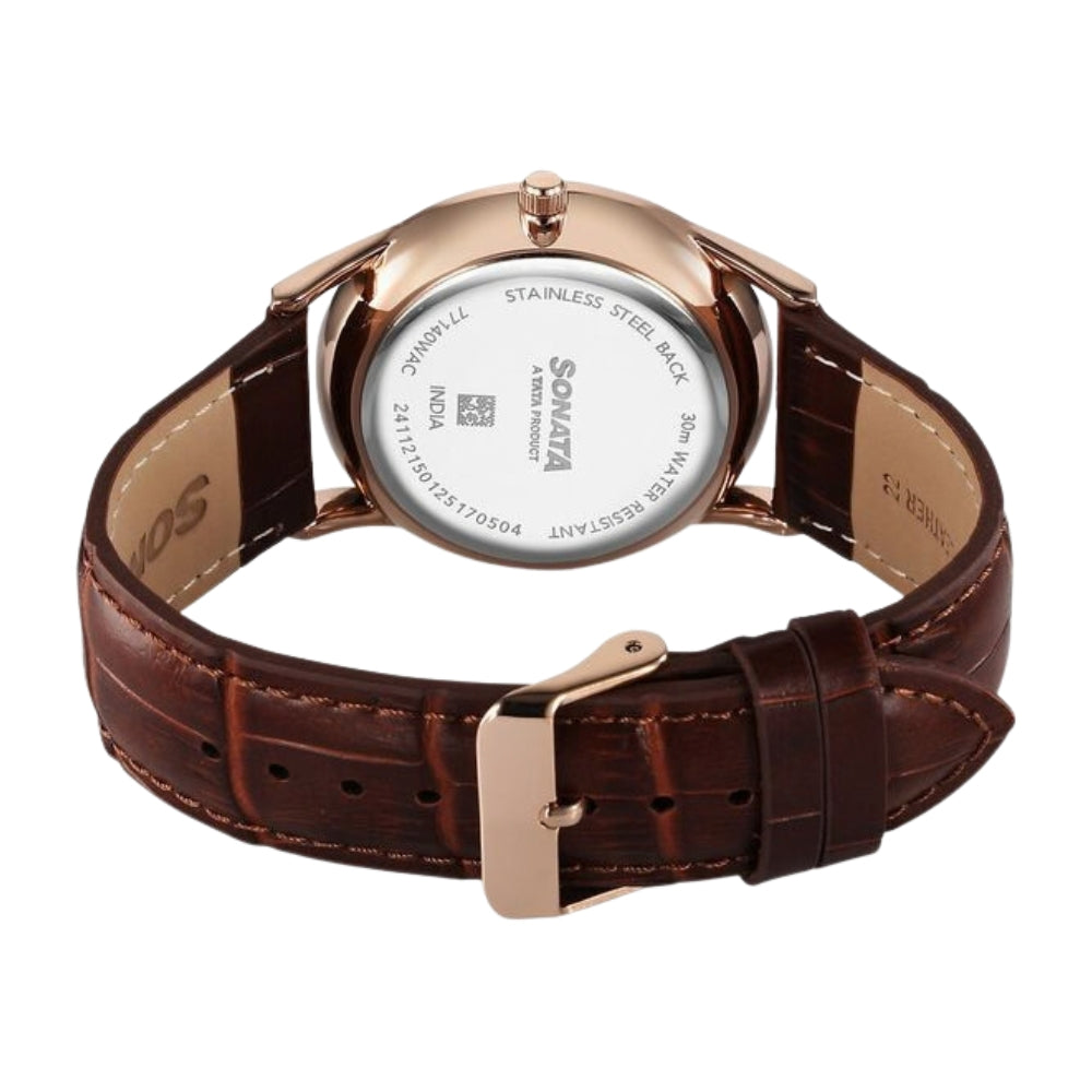 Sonata Eternia Quartz Analog White Dial Leather Strap Watch For Men 77140WL01