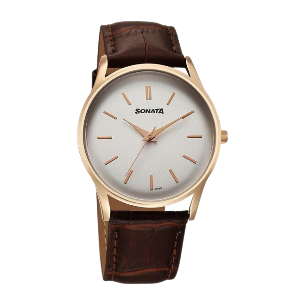 Sonata Eternia Quartz Analog White Dial Leather Strap Watch For Men 77140WL01