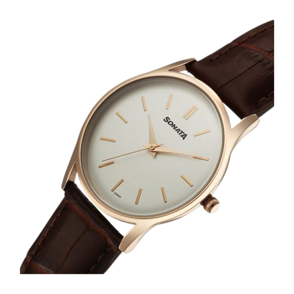 Sonata Eternia Quartz Analog White Dial Leather Strap Watch For Men 77140WL01