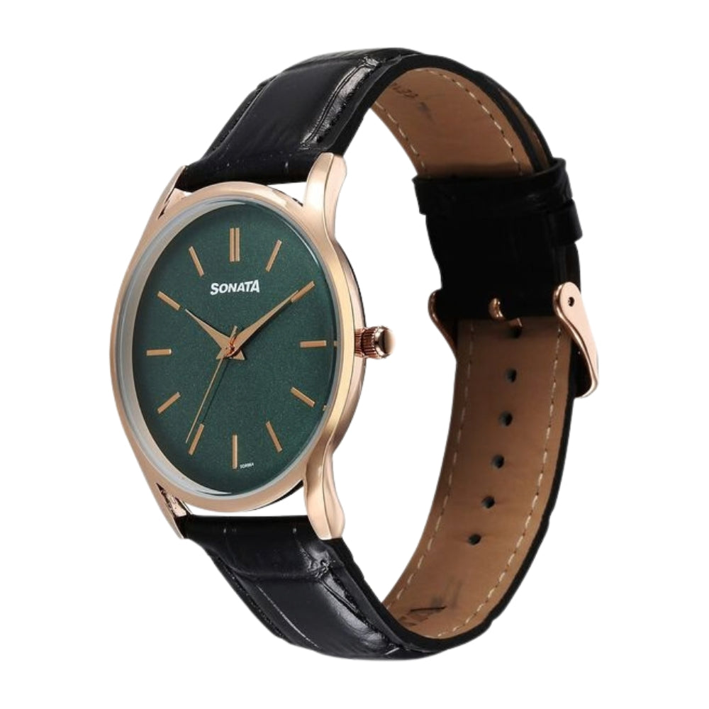 Sonata Eternia Quartz Analog Green Dial Leather Strap Watch For Men 77140WL02