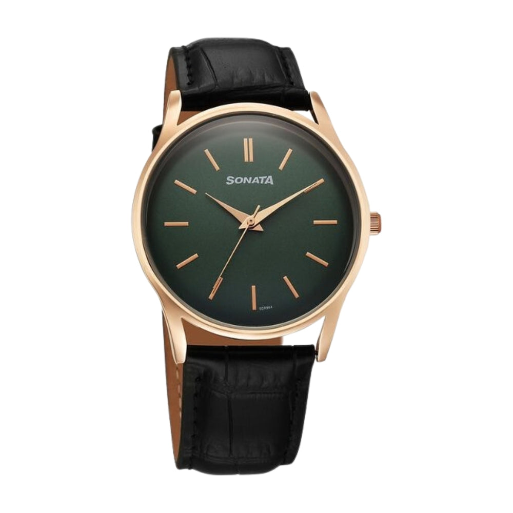 Sonata Eternia Quartz Analog Green Dial Leather Strap Watch For Men 77140WL02