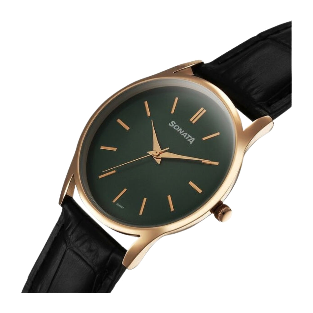 Sonata Eternia Quartz Analog Green Dial Leather Strap Watch For Men 77140WL02