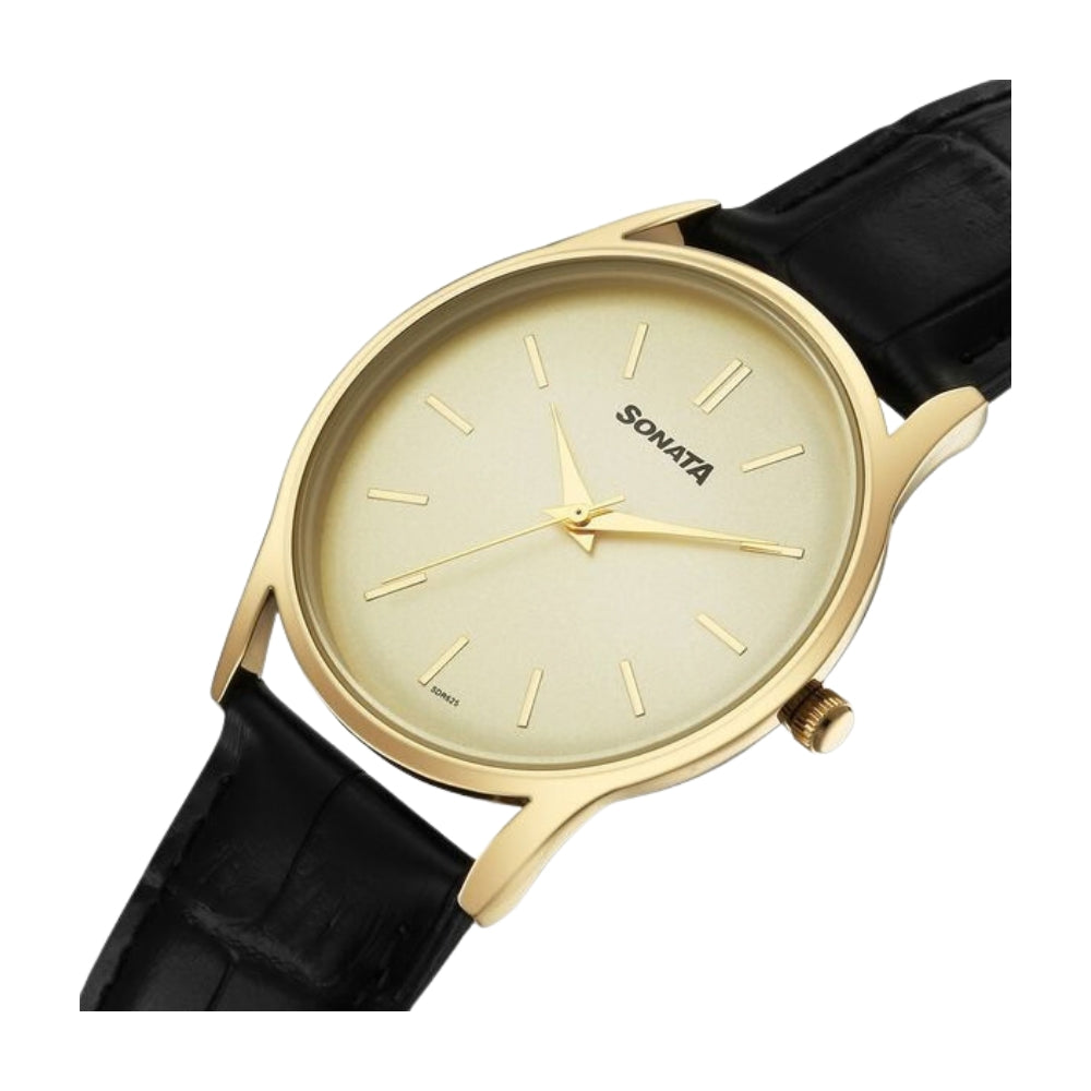 Sonata Eternia Quartz Analog Golden Dial Leather Strap Watch For Men 77140YL01