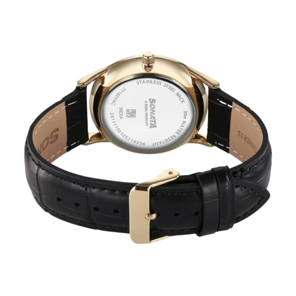 Sonata Eternia Quartz Analog Golden Dial Leather Strap Watch For Men 77140YL01