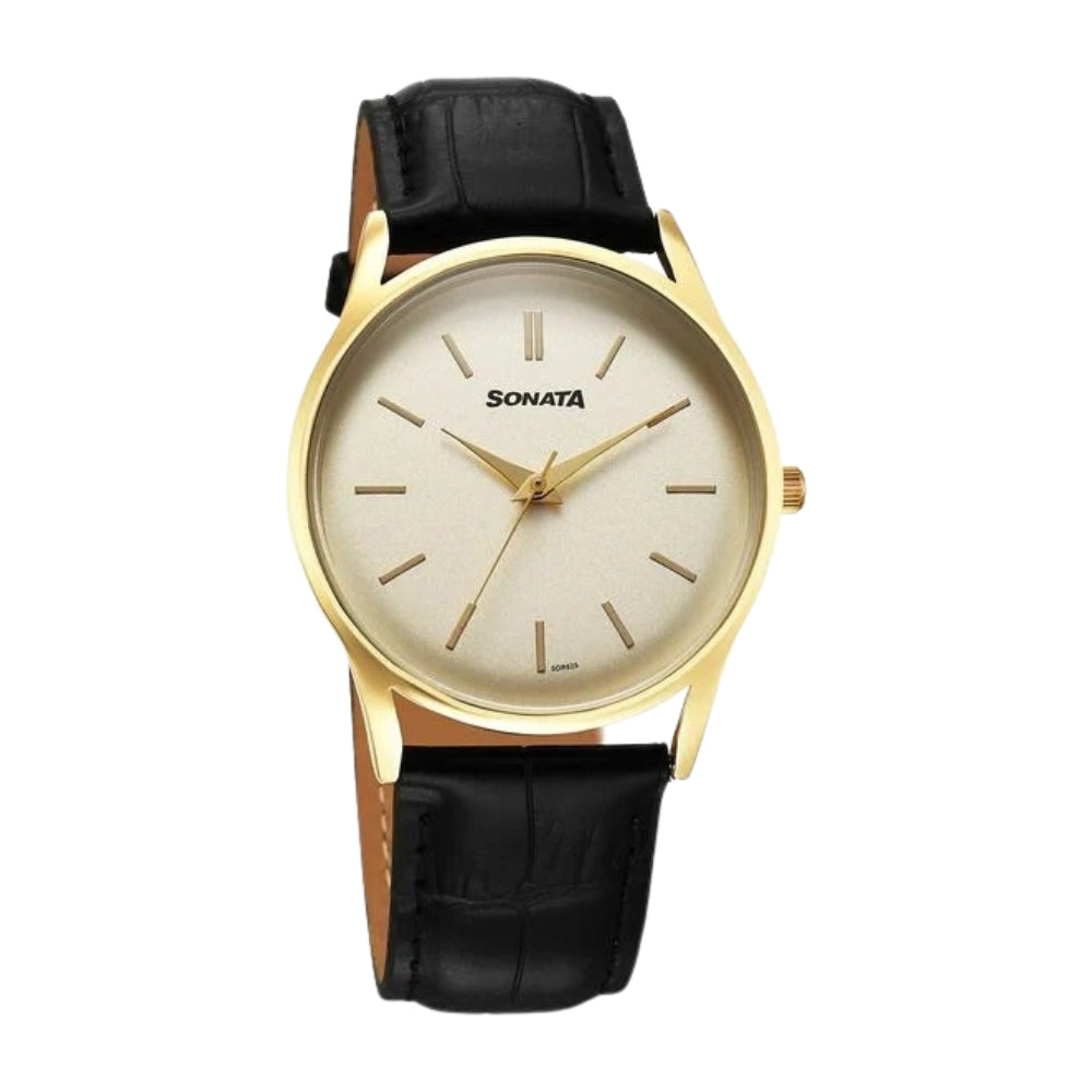 Sonata Eternia Quartz Analog Golden Dial Leather Strap Watch For Men 77140YL01