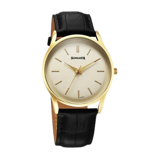 Sonata Eternia Quartz Analog Golden Dial Leather Strap Watch For Men 77140YL01