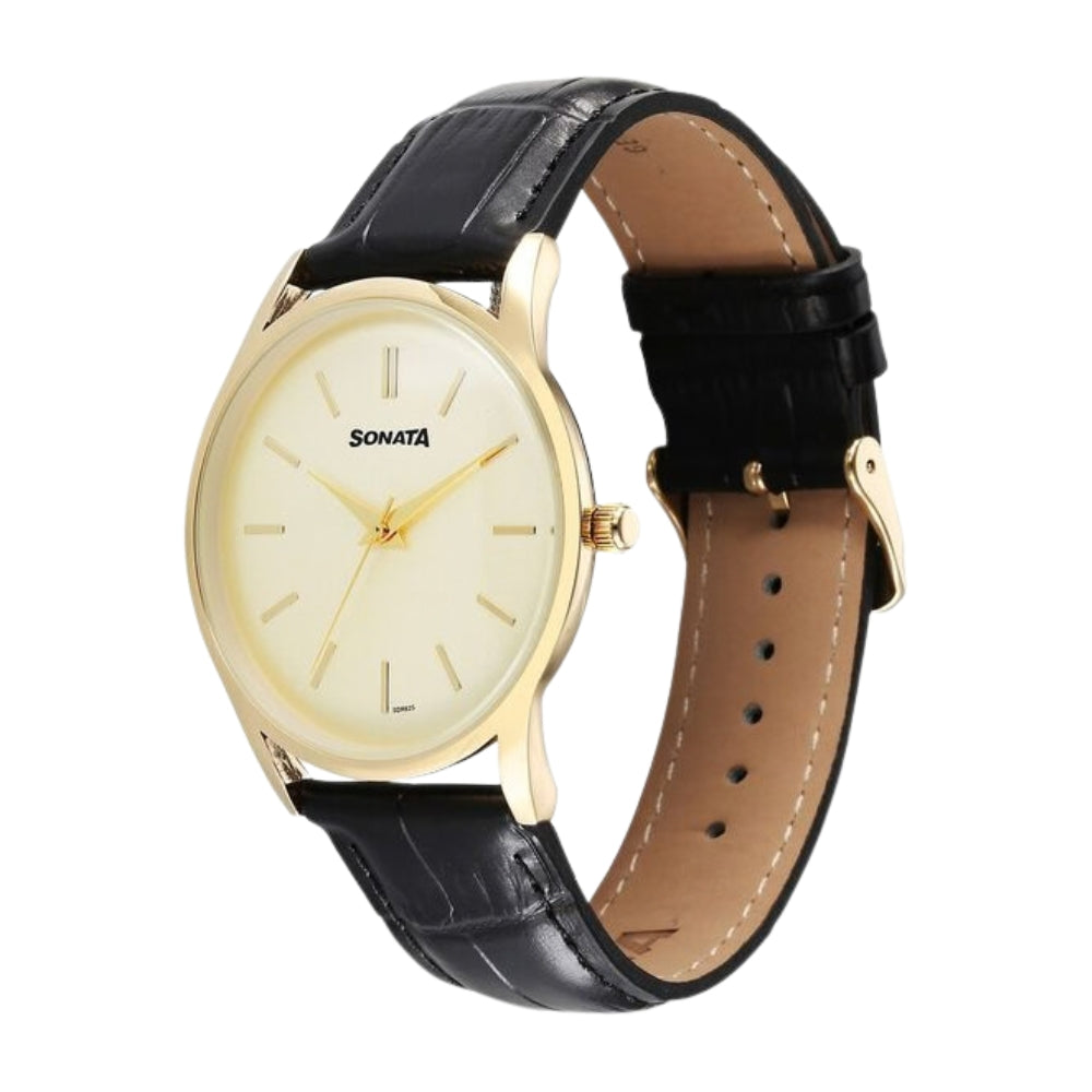 Sonata Eternia Quartz Analog Golden Dial Leather Strap Watch For Men 77140YL01