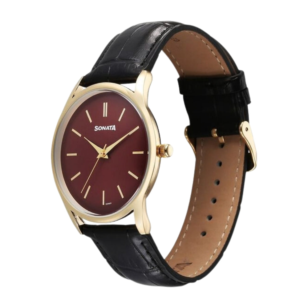 Sonata Eternia Quartz Analog Maroon Dial Leather Strap Watch For Men 77140YL02