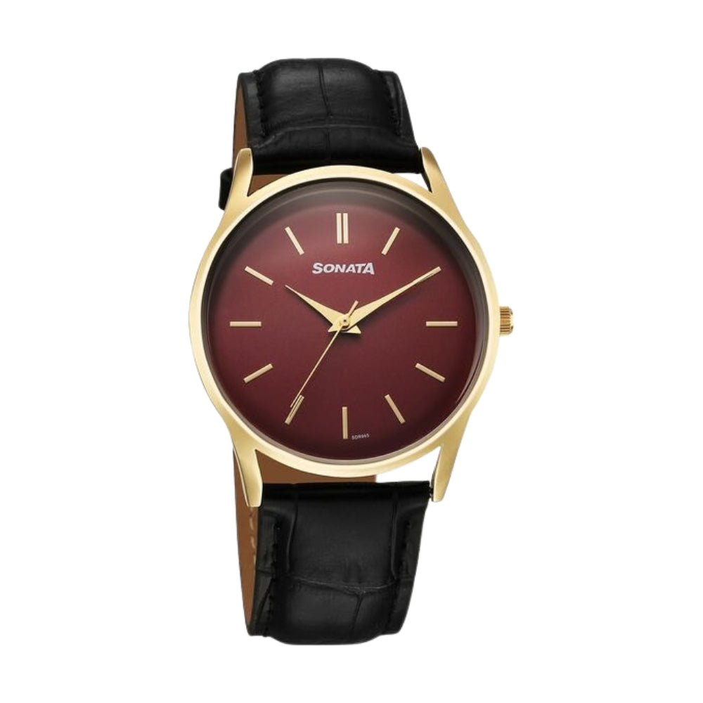 Sonata Eternia Quartz Analog Maroon Dial Leather Strap Watch For Men 77140YL02