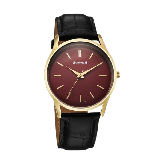 Sonata Eternia Quartz Analog Maroon Dial Leather Strap Watch For Men 77140YL02