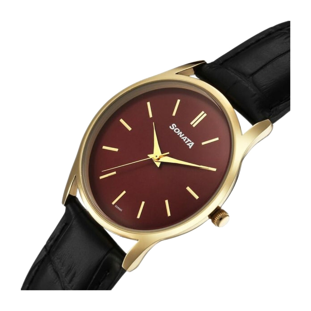 Sonata Eternia Quartz Analog Maroon Dial Leather Strap Watch For Men 77140YL02