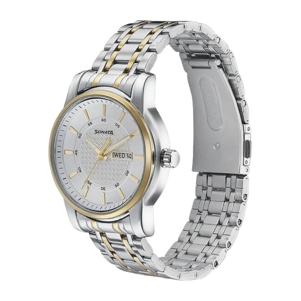 Sonata Quartz Analog with Day and Date White Dial Two Toned Stainless Steel Strap Watch For Men 77141BM01