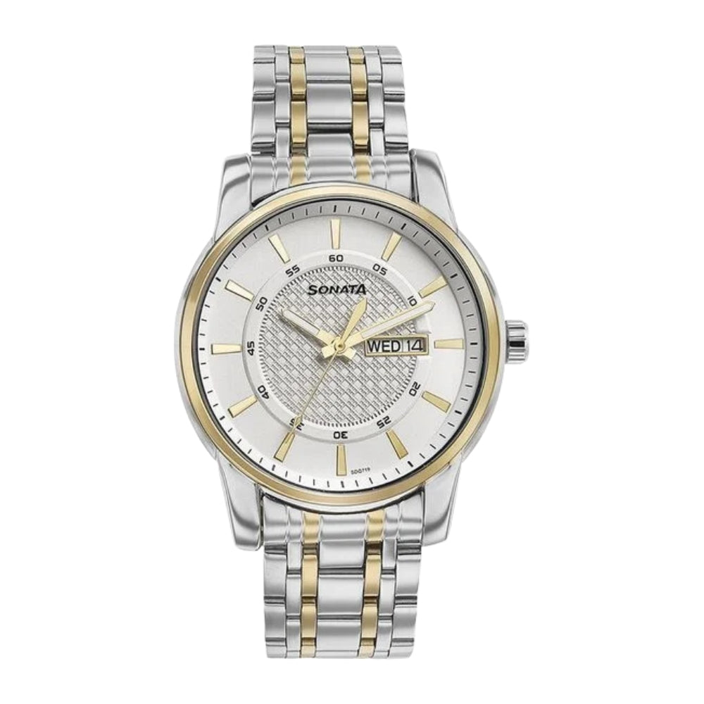 Sonata Quartz Analog with Day and Date White Dial Two Toned Stainless Steel Strap Watch For Men 77141BM01