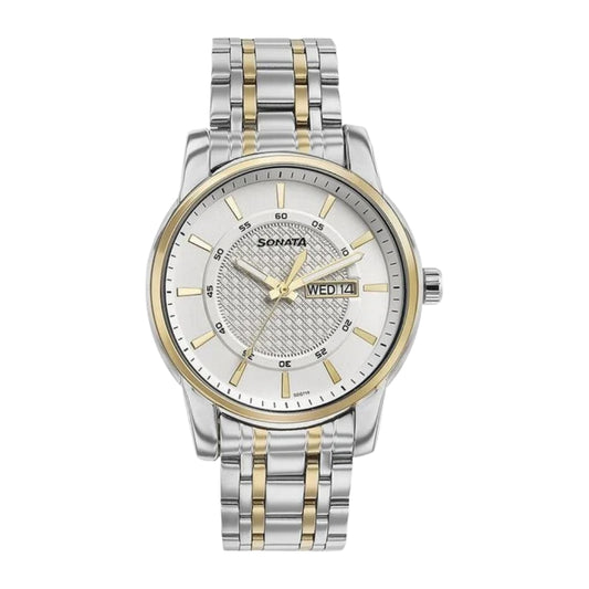Sonata Quartz Analog with Day and Date White Dial Two Toned Stainless Steel Strap Watch For Men 77141BM01