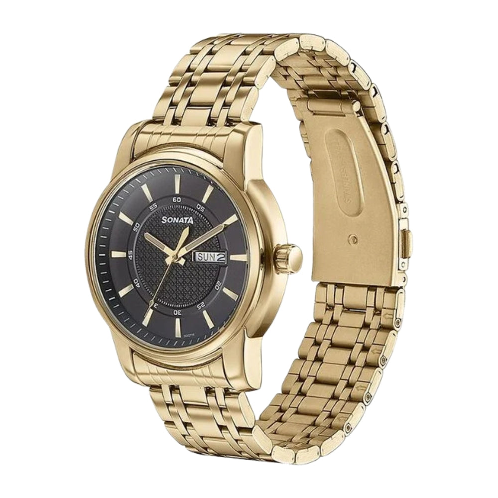 Sonata Quartz Analog with Day and Date Black Dial Golden Stainless Steel Strap Watch For Men 77141YM01