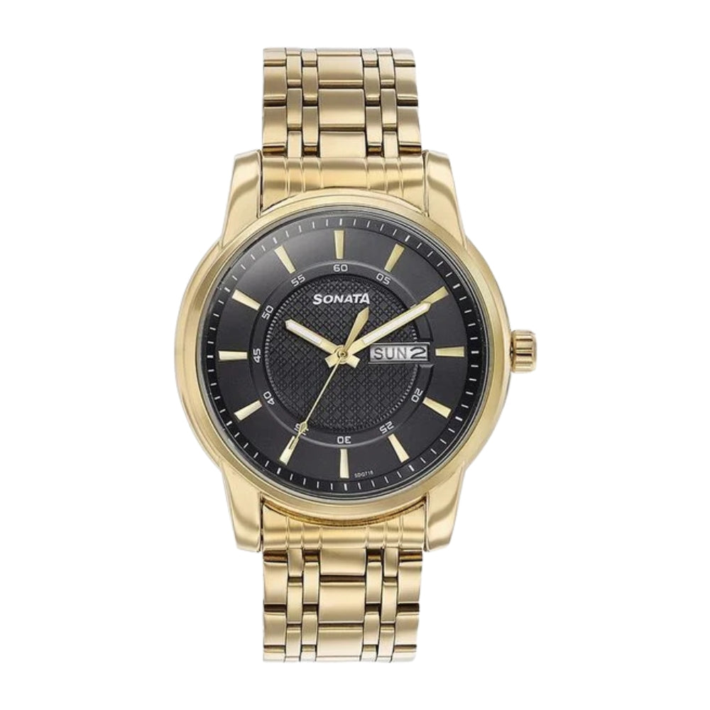 Sonata Quartz Analog with Day and Date Black Dial Golden Stainless Steel Strap Watch For Men 77141YM01