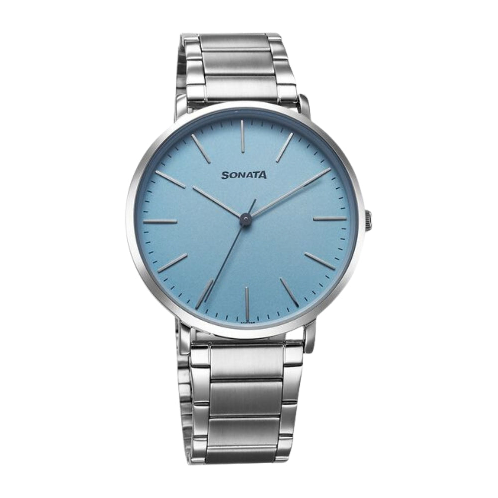Sonata Ascent Quartz Analog Blue Dial Stainless Steel Strap Watch For Men 77150SM02
