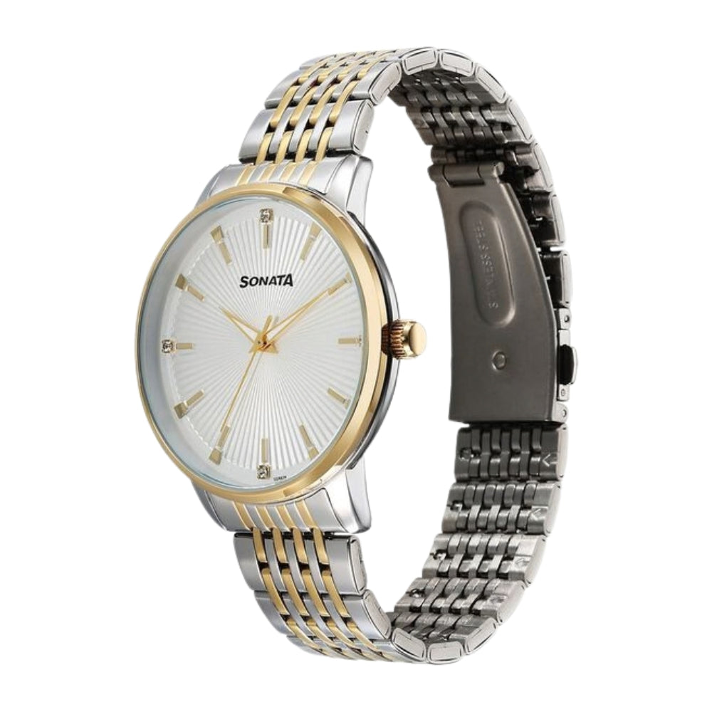 Sonata Eternia Quartz Analog White Dial Metal Strap Watch For Men 77156BM01