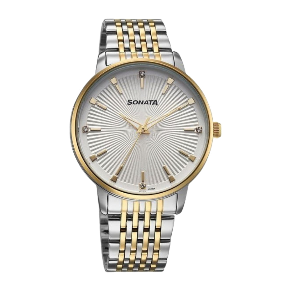 Sonata Eternia Quartz Analog White Dial Metal Strap Watch For Men 77156BM01