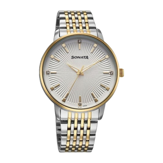 Sonata Eternia Quartz Analog White Dial Metal Strap Watch For Men 77156BM01