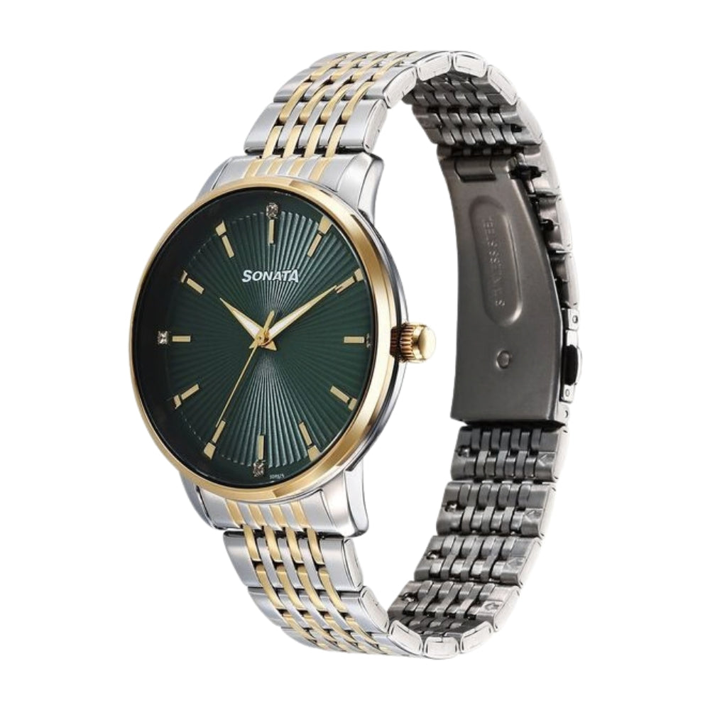 Sonata Eternia Quartz Analog Green Dial Metal Strap Watch For Men 77156BM02