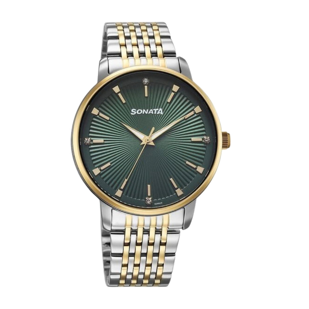 Sonata Eternia Quartz Analog Green Dial Metal Strap Watch For Men 77156BM02