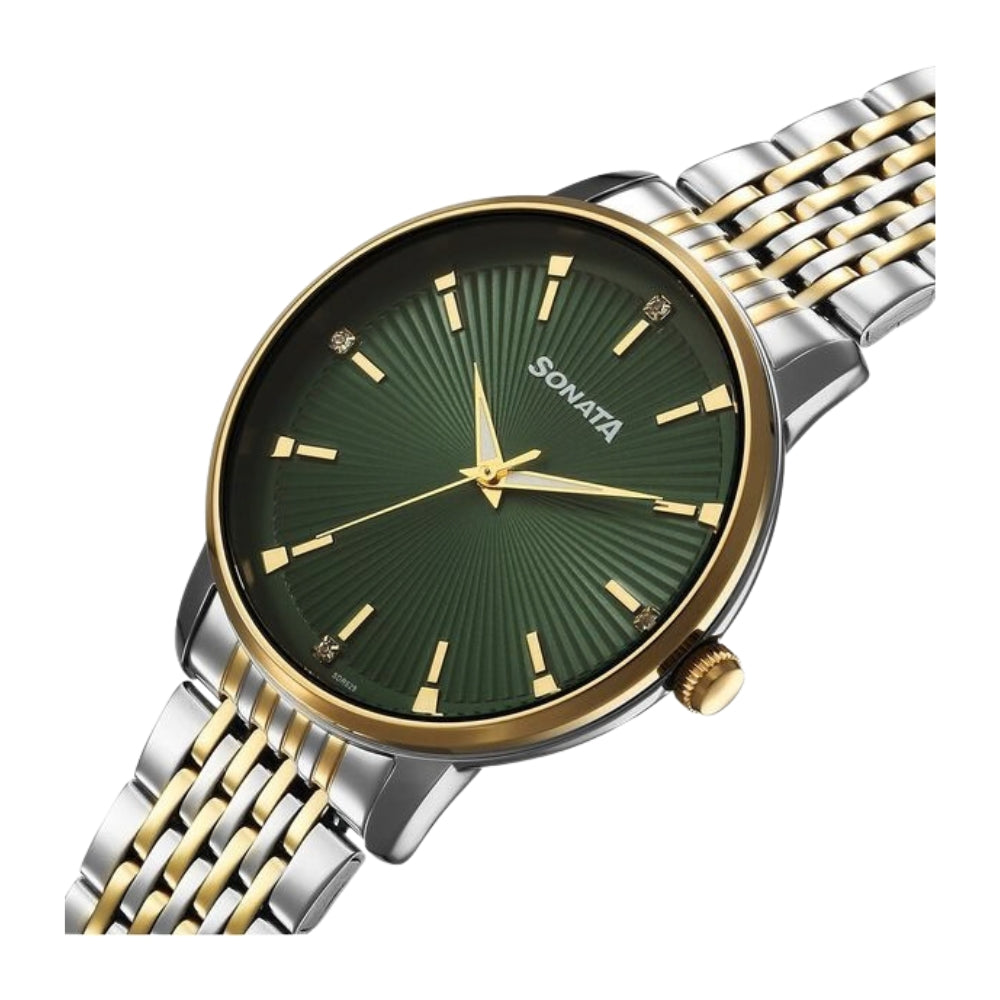 Sonata Eternia Quartz Analog Green Dial Metal Strap Watch For Men 77156BM02