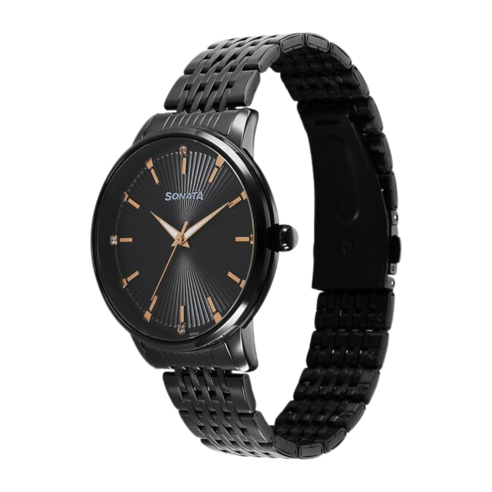 Sonata Eternia Quartz Analog Black Dial Metal Strap Watch For Men 77156NM01
