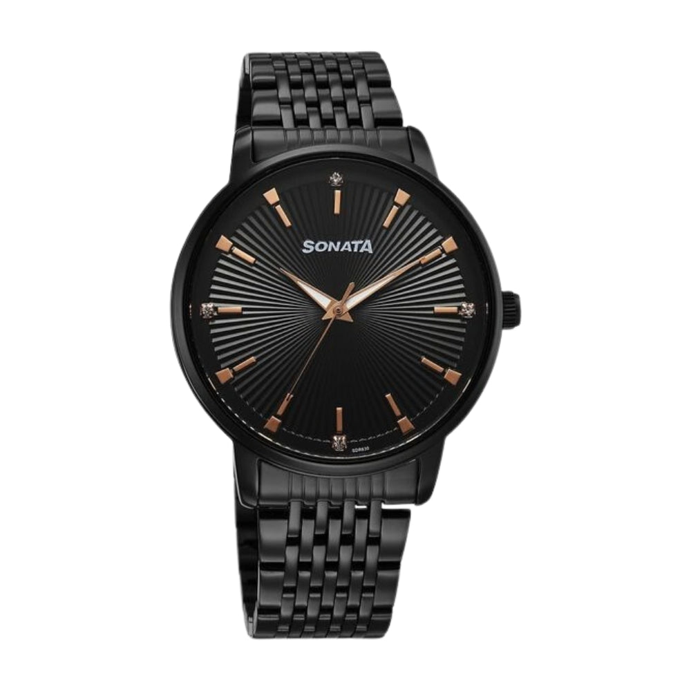 Sonata Eternia Quartz Analog Black Dial Metal Strap Watch For Men 77156NM01