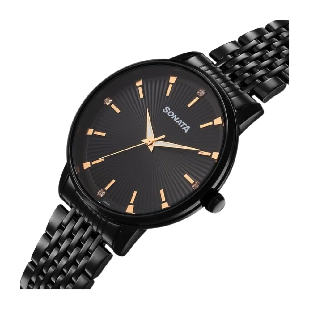 Sonata Eternia Quartz Analog Black Dial Metal Strap Watch For Men 77156NM01