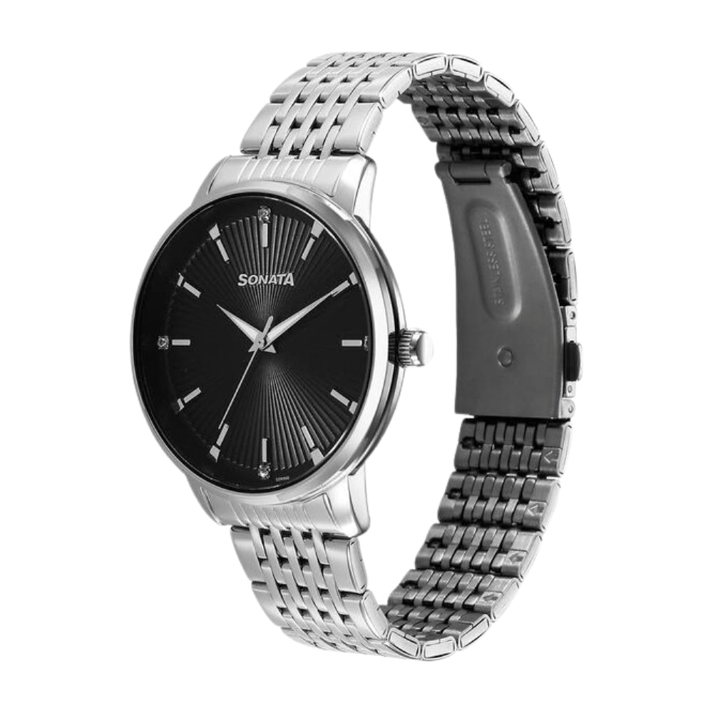 Sonata Eternia Quartz Analog Black Dial Metal Strap Watch For Men 77156SM03