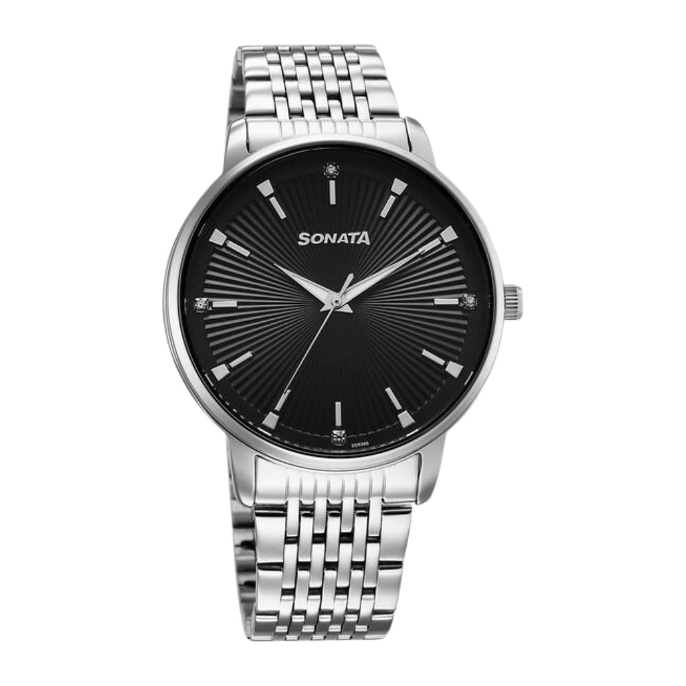 Sonata Eternia Quartz Analog Black Dial Metal Strap Watch For Men 77156SM03