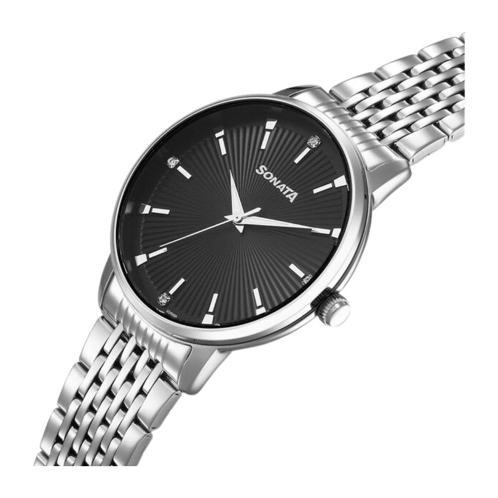 Sonata Eternia Quartz Analog Black Dial Metal Strap Watch For Men 77156SM03